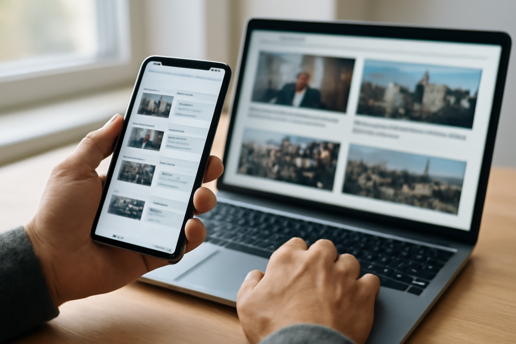 Seseorang membandingkan berita dari beberapa sumber di ponsel dan laptop