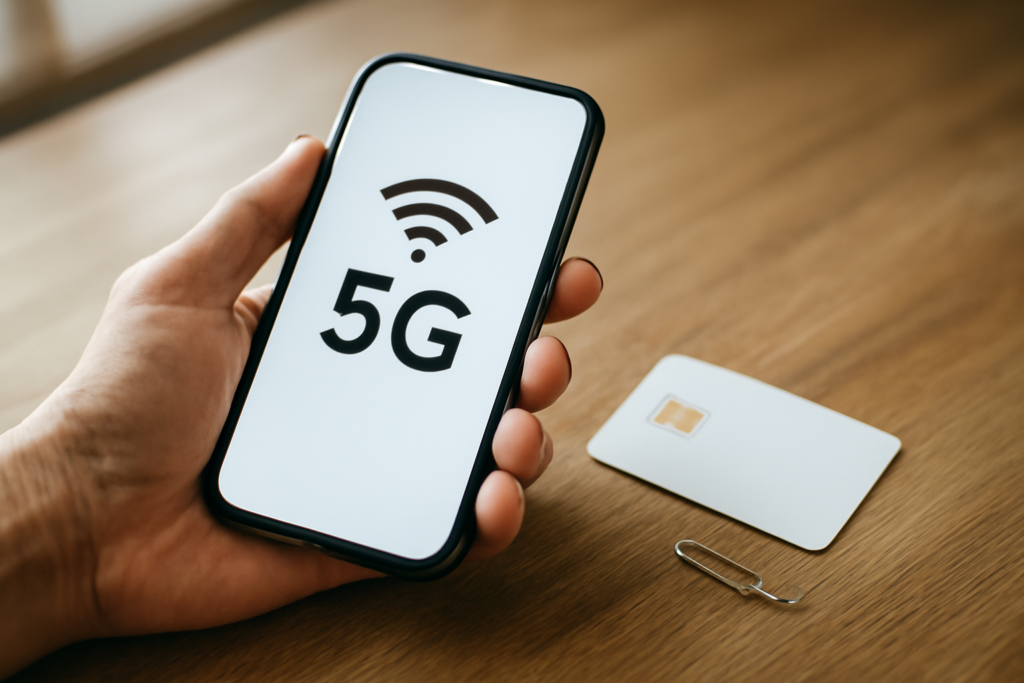 Tangan memegang ponsel dengan indikator jaringan 5G dan kartu SIM di atas meja