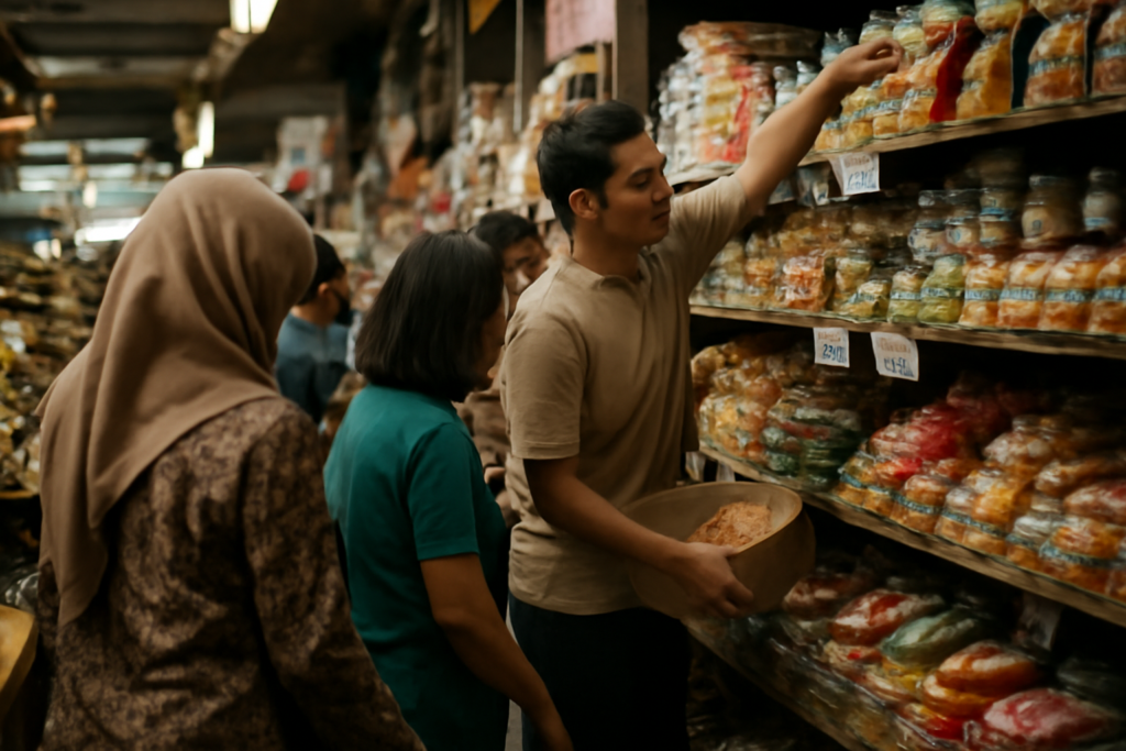 Pedagang dan pembeli memeriksa harga barang di pasar, menggambarkan dampak nilai tukar rupiah terhadap harga barang