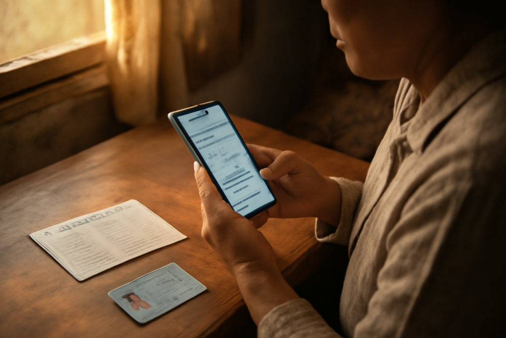 Seseorang mengecek status bantuan sosial lewat ponsel dengan dokumen kependudukan di atas meja